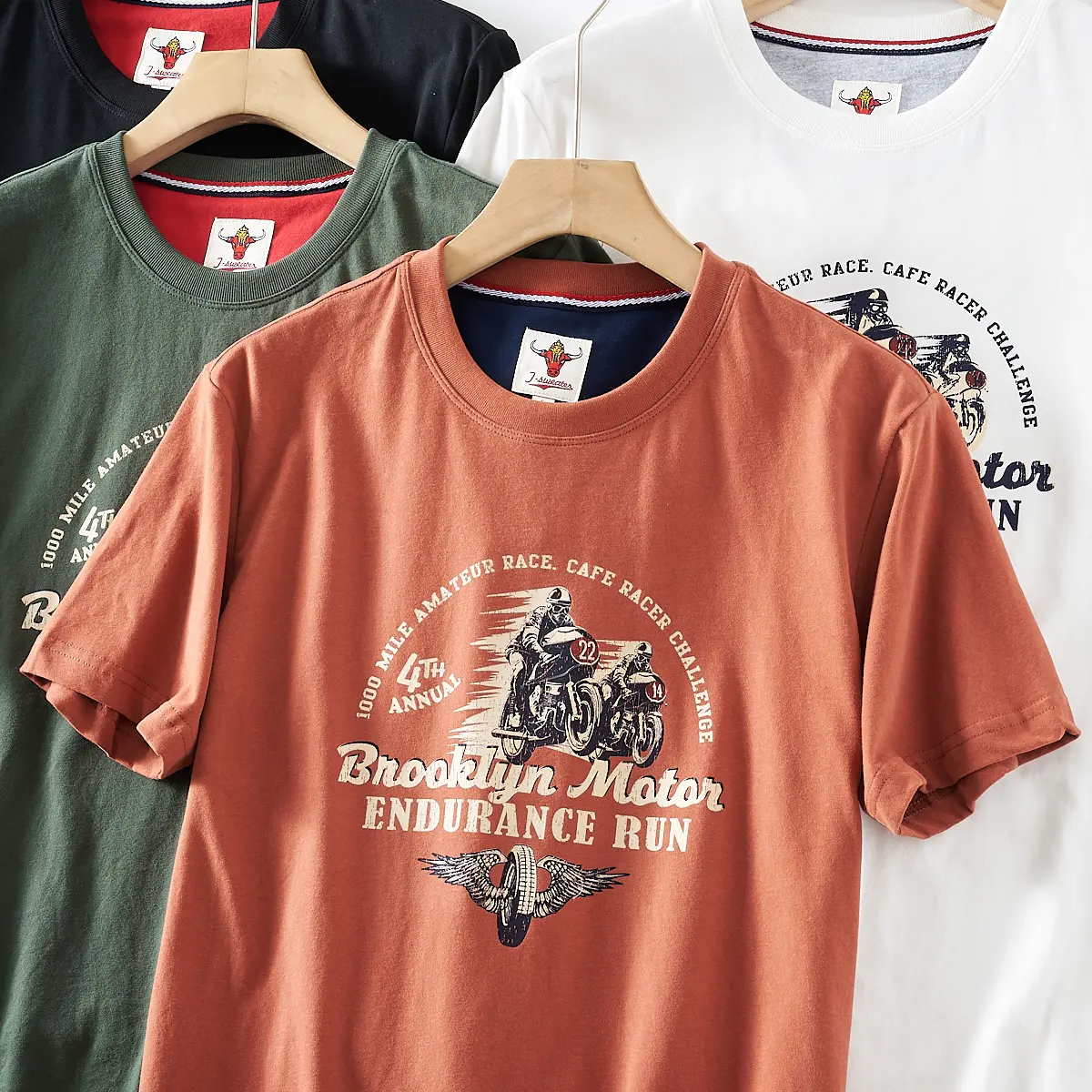 2025 Summer American Retro Short Sleeve O-neck Letter Motorcycle Printed T-shirt Men's Fashion 100% Cotton Washed Casual Tops