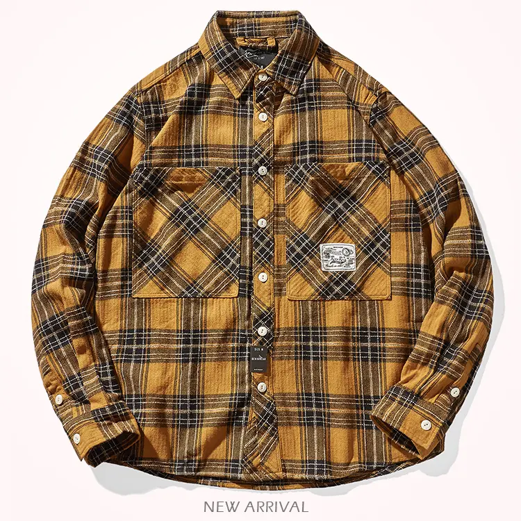 8112# Autumn New Japanese Retro Cargo Sueded Plaid Shirt Men's Fashion 100% Cotton Washed Old Pocket Long Sleeve Casual Blouses