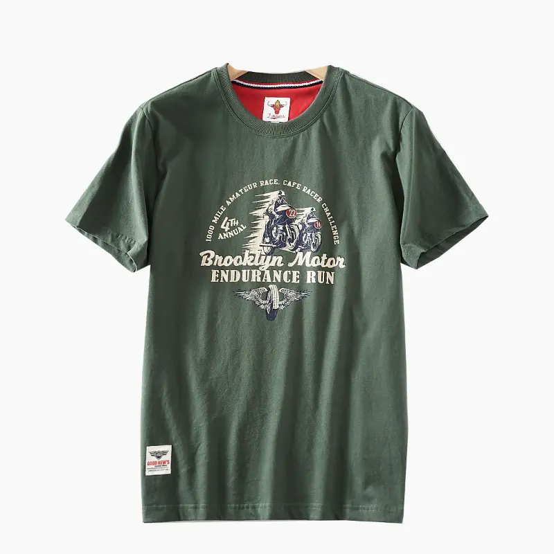 2025 Summer American Retro Short Sleeve O-neck Letter Motorcycle Printed T-shirt Men's Fashion 100% Cotton Washed Casual Tops