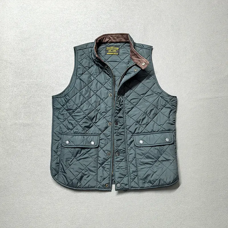 Autumn and Winter New American Retro Long Sleeve Dom Quilted Vest Men's Polo Style 100% Polyester Thick Casual Multi-pocket Coat