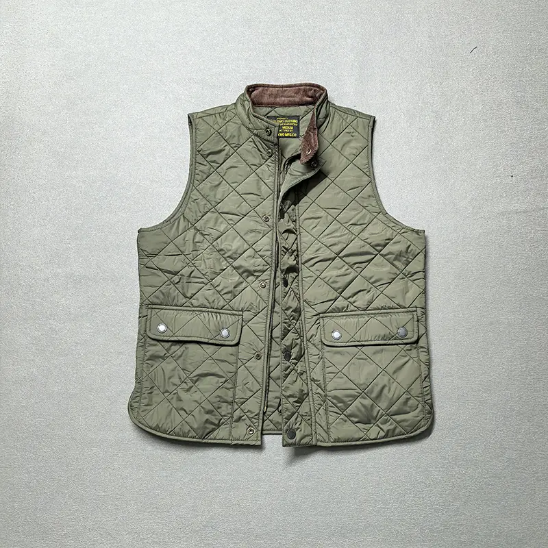Autumn and Winter New American Retro Long Sleeve Dom Quilted Vest Men's Polo Style 100% Polyester Thick Casual Multi-pocket Coat