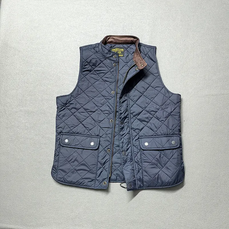 Autumn and Winter New American Retro Long Sleeve Dom Quilted Vest Men's Polo Style 100% Polyester Thick Casual Multi-pocket Coat
