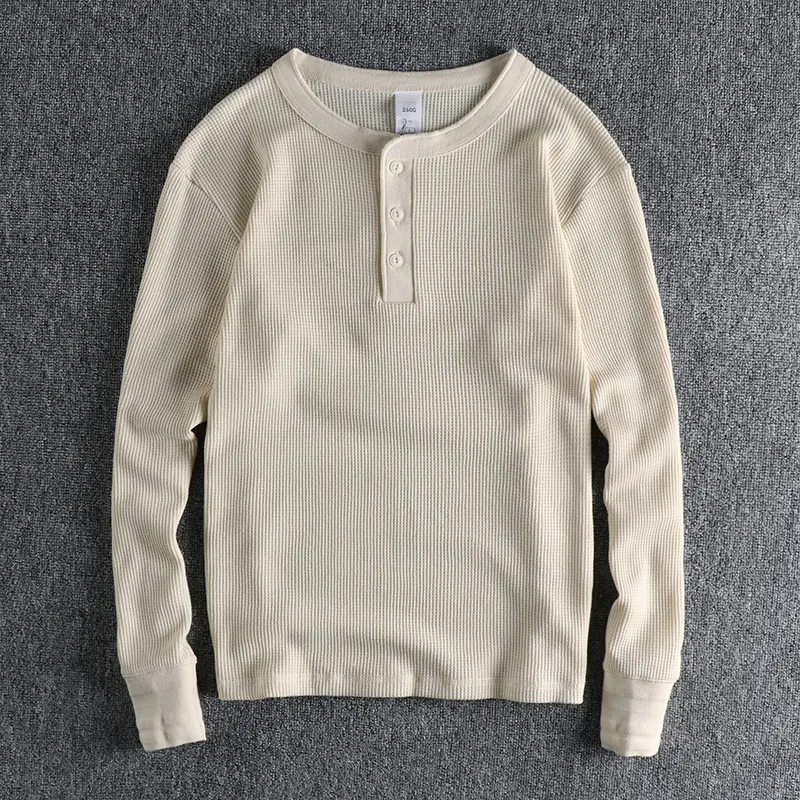 Autumn and Winter American Retro 260g Waffle Knitted Henry Collar T-shirt Men's Fashion Long-sleeved Loose Casual Bottoming Tops