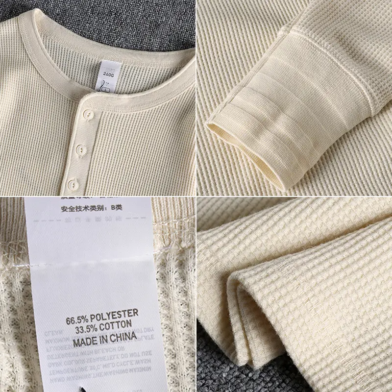 Autumn and Winter American Retro 260g Waffle Knitted Henry Collar T-shirt Men's Fashion Long-sleeved Loose Casual Bottoming Tops