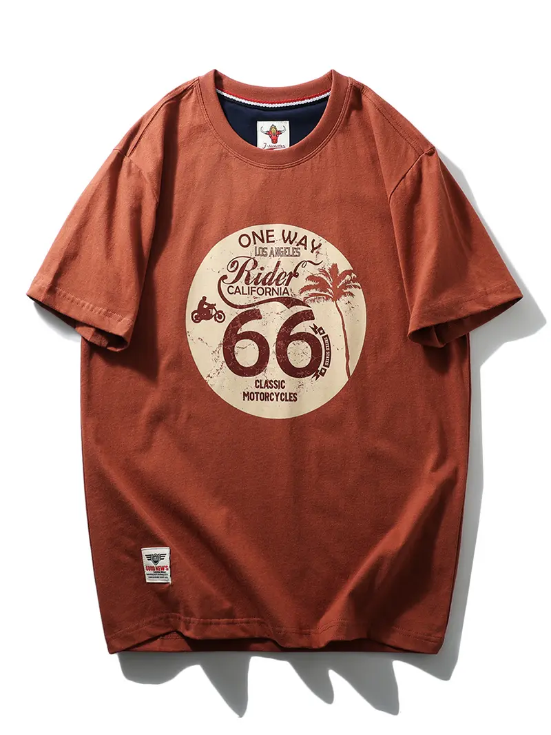 2025 Summer New American Retro Short Sleeve O-neck Printed T-shirt Men's Fashion 100% Cotton Washed Terry Cloth Casual Tops