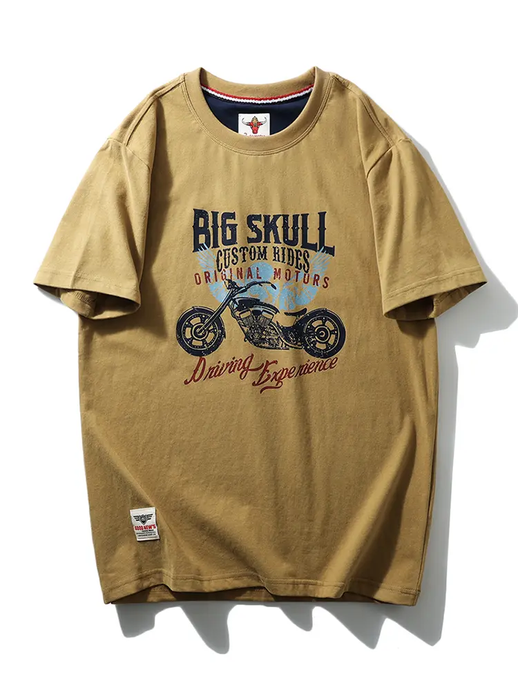 2025 Summer New American Retro Short Sleeve O-neck Printed T-shirt Men's Fashion 100% Cotton Washed Terry Cloth Casual Tops