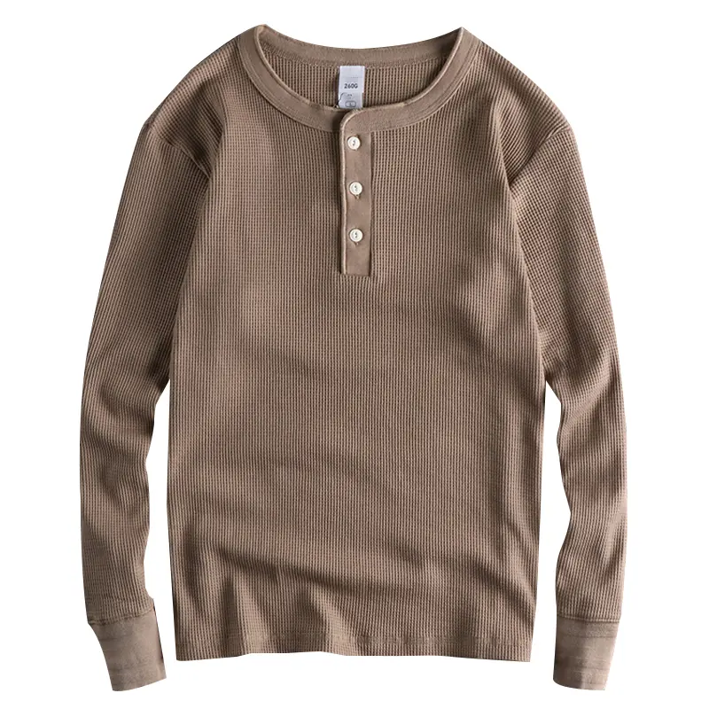 Autumn and Winter American Retro 260g Waffle Knitted Henry Collar T-shirt Men's Fashion Long-sleeved Loose Casual Bottoming Tops