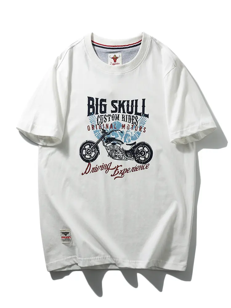2025 Summer New American Retro Short Sleeve O-neck Printed T-shirt Men's Fashion 100% Cotton Washed Terry Cloth Casual Tops