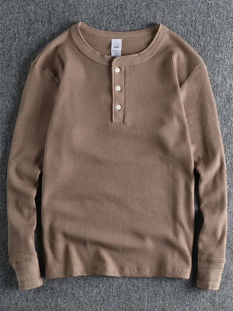 Autumn and Winter American Retro 260g Waffle Knitted Henry Collar T-shirt Men's Fashion Long-sleeved Loose Casual Bottoming Tops
