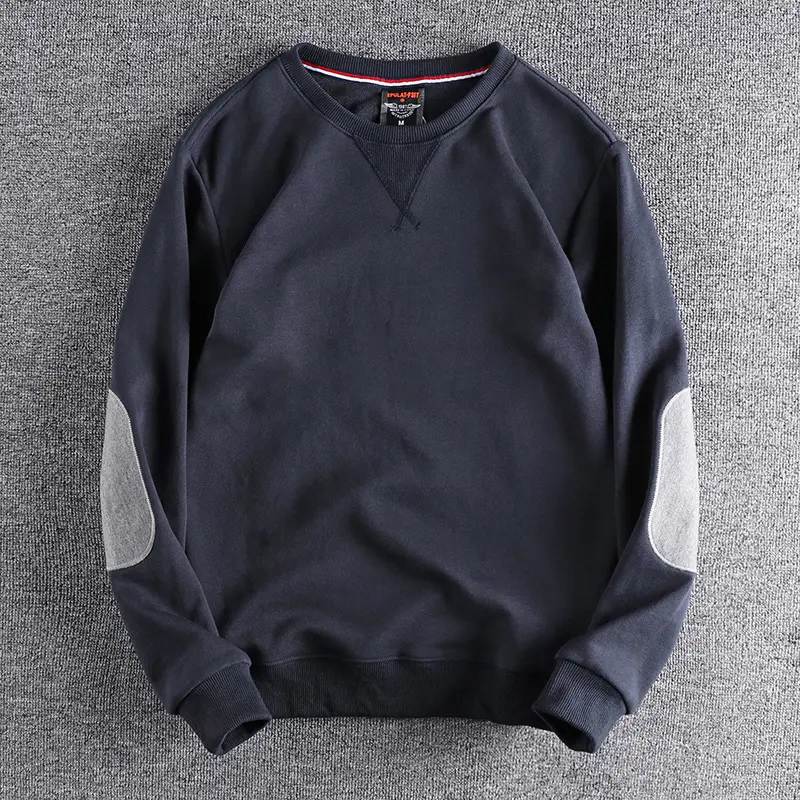Spring New American Retro Sleeve Patch Solid Color Sweatshirt Men's Simple 100% Cotton Washed Pullover Loose Casual Sportwear
