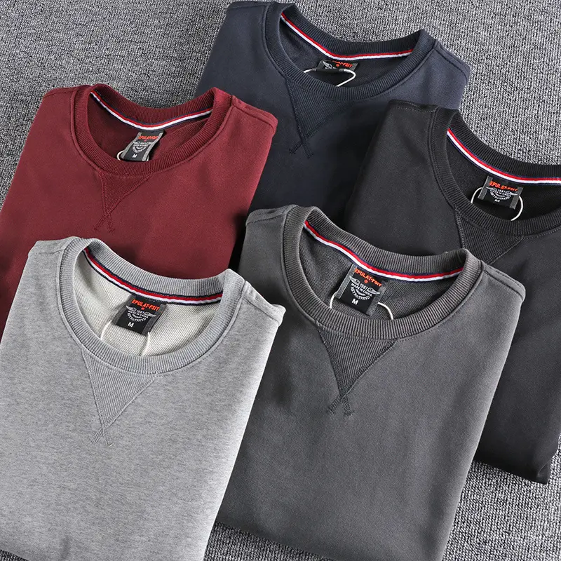 Spring New American Retro Sleeve Patch Solid Color Sweatshirt Men's Simple 100% Cotton Washed Pullover Loose Casual Sportwear