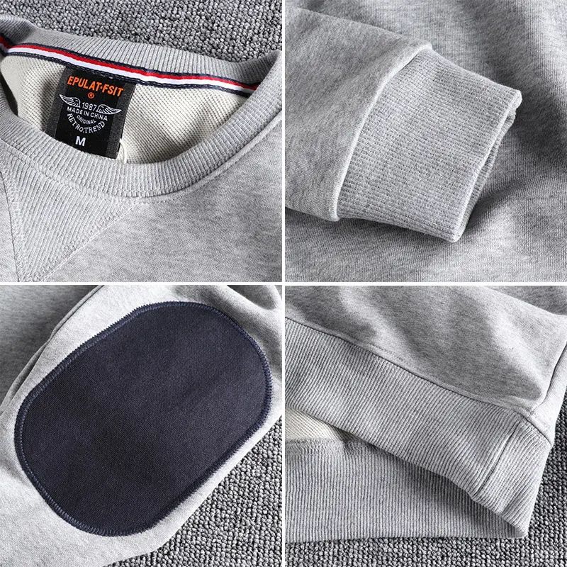 Spring New American Retro Sleeve Patch Solid Color Sweatshirt Men's Simple 100% Cotton Washed Pullover Loose Casual Sportwear