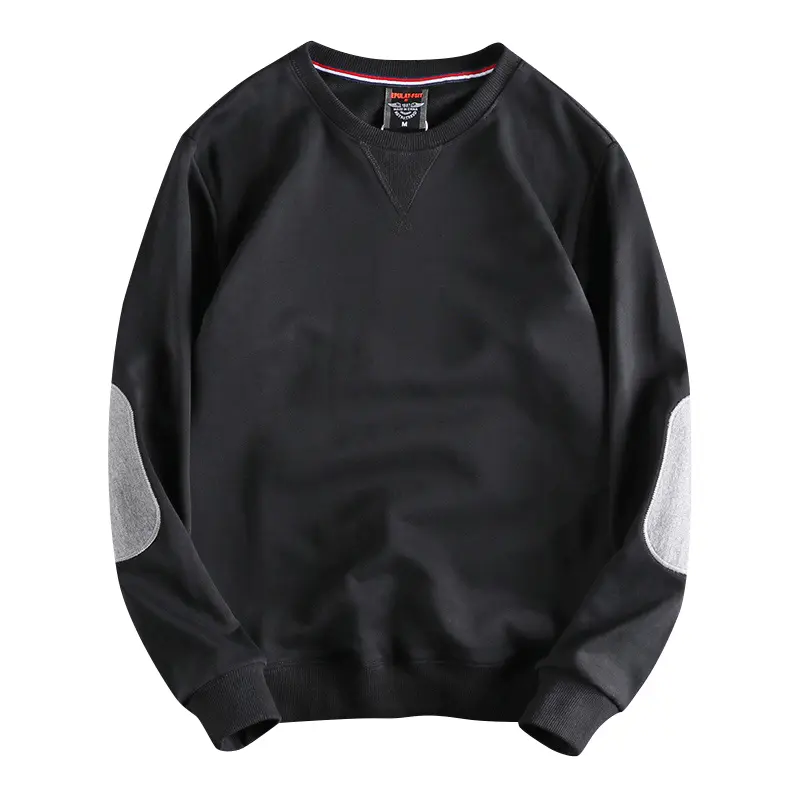 Spring New American Retro Sleeve Patch Solid Color Sweatshirt Men's Simple 100% Cotton Washed Pullover Loose Casual Sportwear