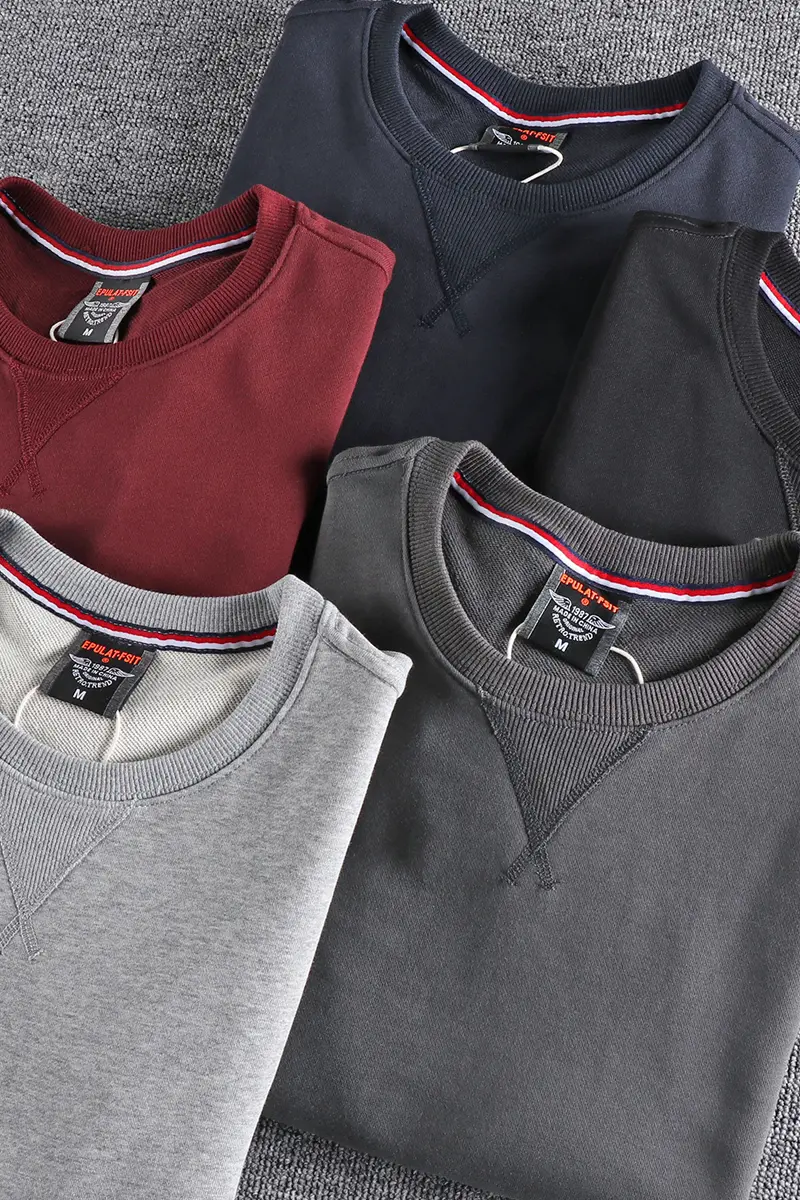 Spring New American Retro Sleeve Patch Solid Color Sweatshirt Men's Simple 100% Cotton Washed Pullover Loose Casual Sportwear