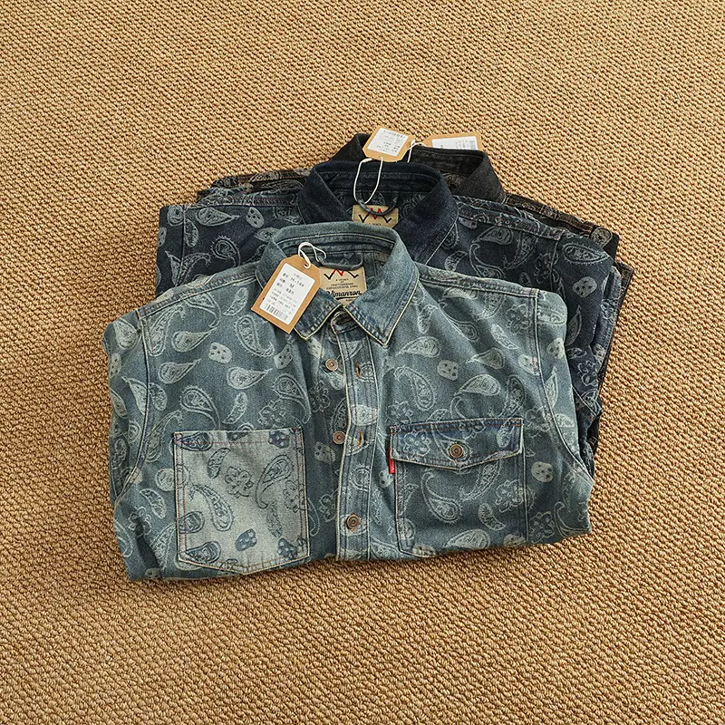 Spring New American Retro Heavyweight Denim Cargo Printed Shirt Double Pocket Men's Simple 79% Cotton Washed Casual Thin Jacket