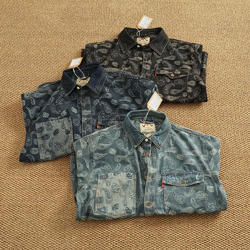 Spring New American Retro Heavyweight Denim Cargo Printed Shirt Double Pocket Men's Simple 79% Cotton Washed Casual Thin Jacket