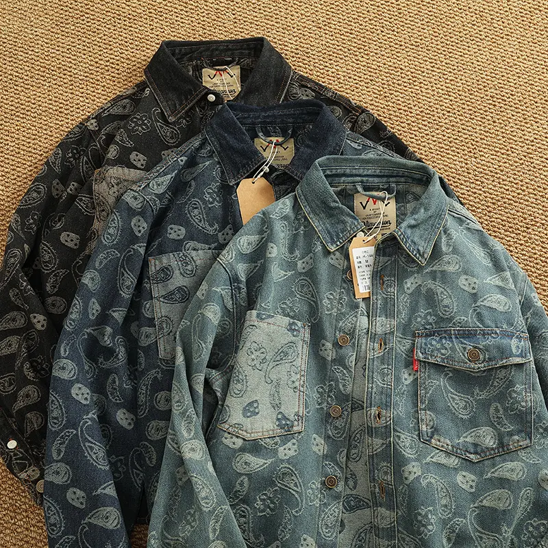 Spring New American Retro Heavyweight Denim Cargo Printed Shirt Double Pocket Men's Simple 79% Cotton Washed Casual Thin Jacket
