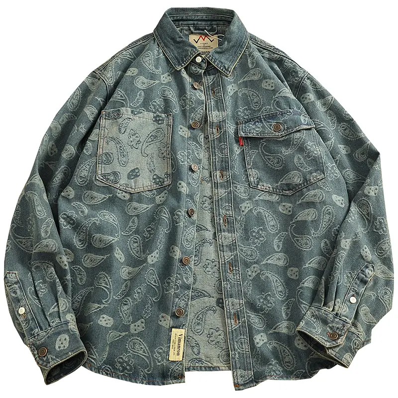 Spring New American Retro Heavyweight Denim Cargo Printed Shirt Double Pocket Men's Simple 79% Cotton Washed Casual Thin Jacket