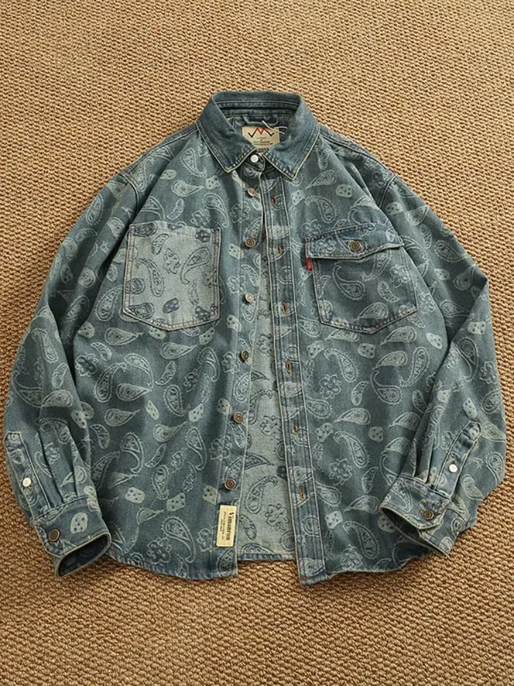 Spring New American Retro Heavyweight Denim Cargo Printed Shirt Double Pocket Men's Simple 79% Cotton Washed Casual Thin Jacket