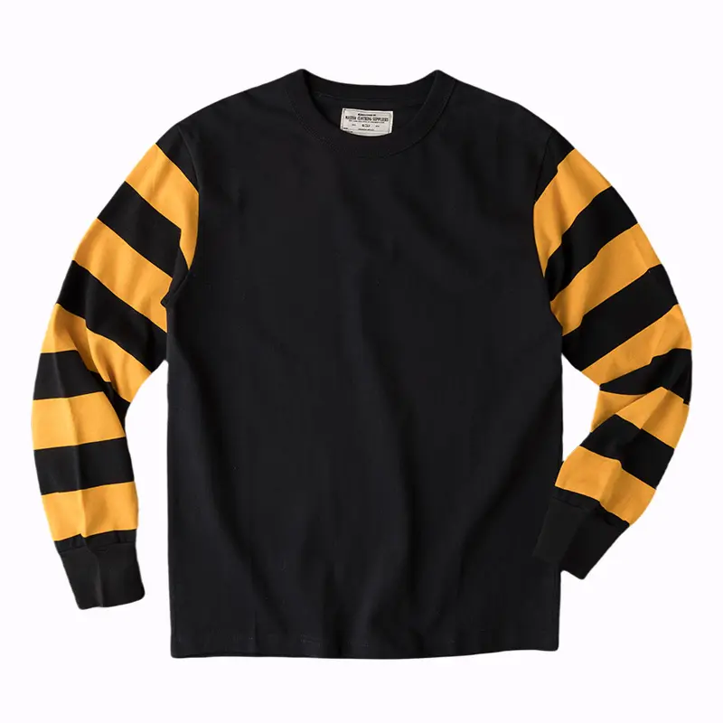 Autumn New American Retro Long Sleeve O-neck Heavyweight Motorcycle Striped T-shirt Men's Amekaji 100% Cotton Washed Casual Tops