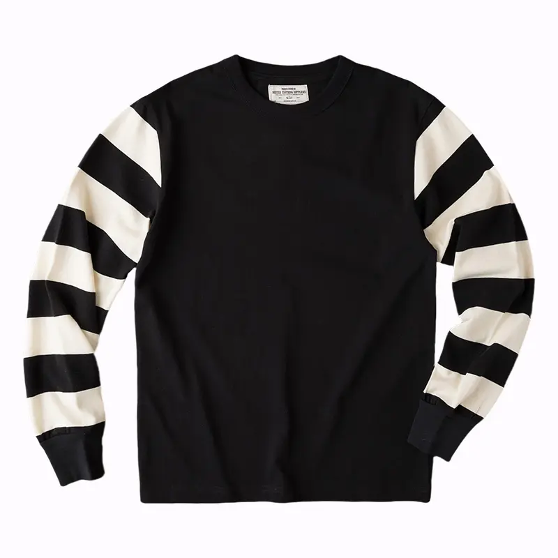 Autumn New American Retro Long Sleeve O-neck Heavyweight Motorcycle Striped T-shirt Men's Amekaji 100% Cotton Washed Casual Tops