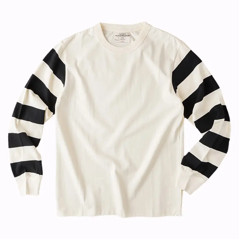 Autumn New American Retro Long Sleeve O-neck Heavyweight Motorcycle Striped T-shirt Men's Amekaji 100% Cotton Washed Casual Tops