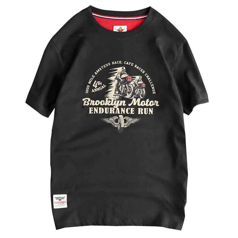 2025 Summer American Retro Short Sleeve O-neck Letter Motorcycle Printed T-shirt Men's Fashion 100% Cotton Washed Casual Tops