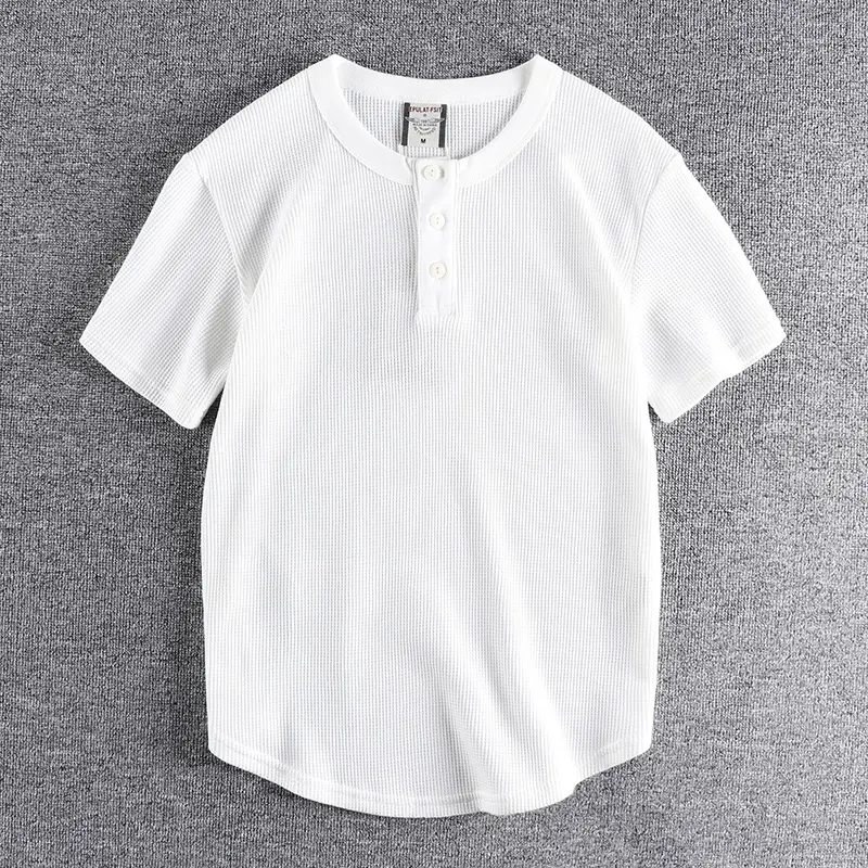 Summer New American Retro Waffle Henry Collar T-shirt Men's Fashion Simple Pure Cotton Washed Old Short Sleeve Casual Loose Tops