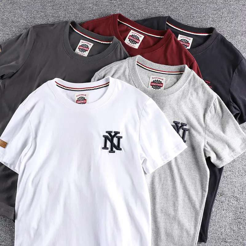 Summer New American Retro Short Sleeve O-neck Letter Embroidery T-shirt Men's Fashion 100% Cotton Washed Terry Cloth Casual Top