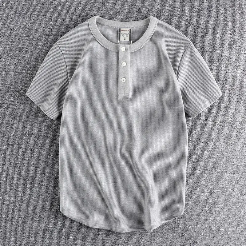 Summer New American Retro Waffle Henry Collar T-shirt Men's Fashion Simple Pure Cotton Washed Old Short Sleeve Casual Loose Tops