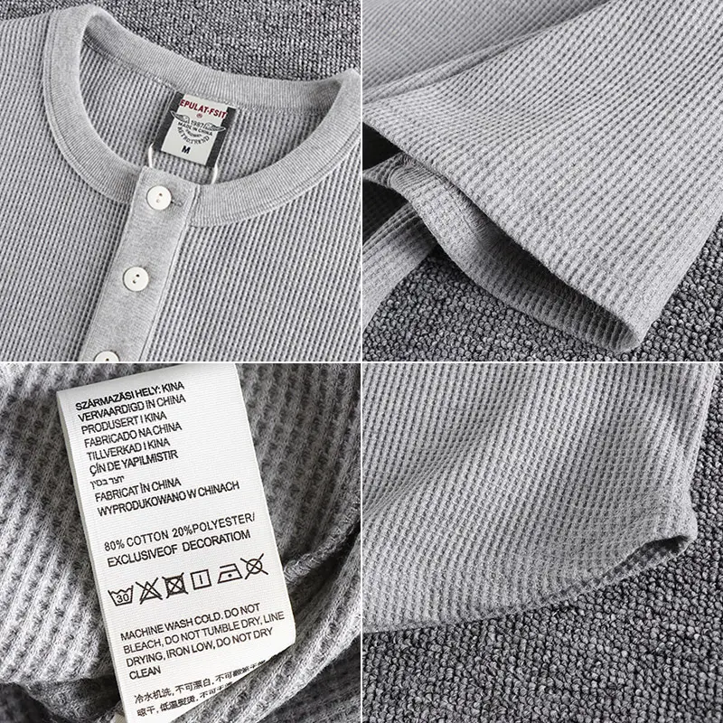 Summer New American Retro Waffle Henry Collar T-shirt Men's Fashion Simple Pure Cotton Washed Old Short Sleeve Casual Loose Tops