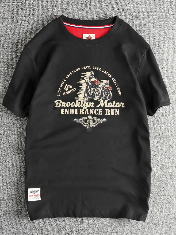 2025 Summer American Retro Short Sleeve O-neck Letter Motorcycle Printed T-shirt Men's Fashion 100% Cotton Washed Casual Tops