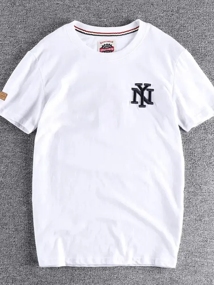 Summer New American Retro Short Sleeve O-neck Letter Embroidery T-shirt Men's Fashion 100% Cotton Washed Terry Cloth Casual Top