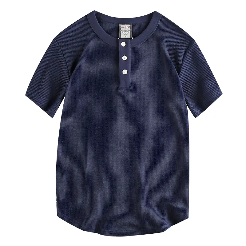 Summer New American Retro Waffle Henry Collar T-shirt Men's Fashion Simple Pure Cotton Washed Old Short Sleeve Casual Loose Tops