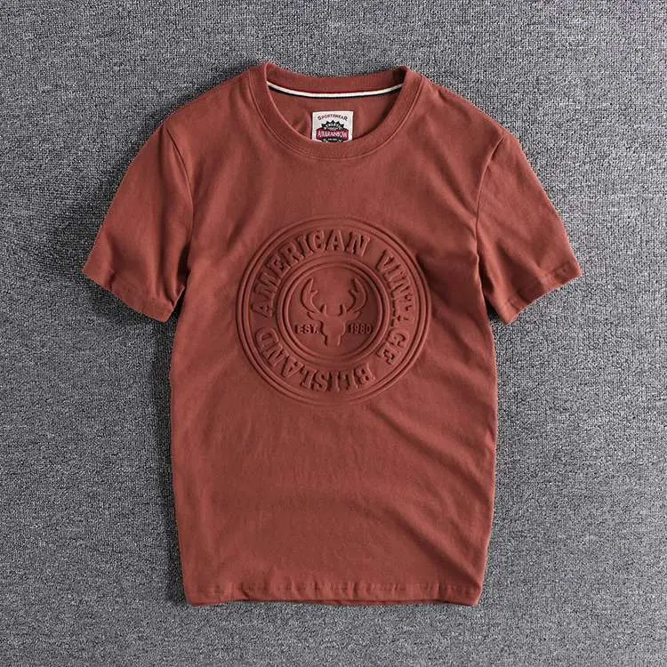 2025 Summer New American Retro Short Sleeve 3D Letter Embossed T-shirt Men's Fashion 100% Cotton Washed Youth Casual Sport Tops