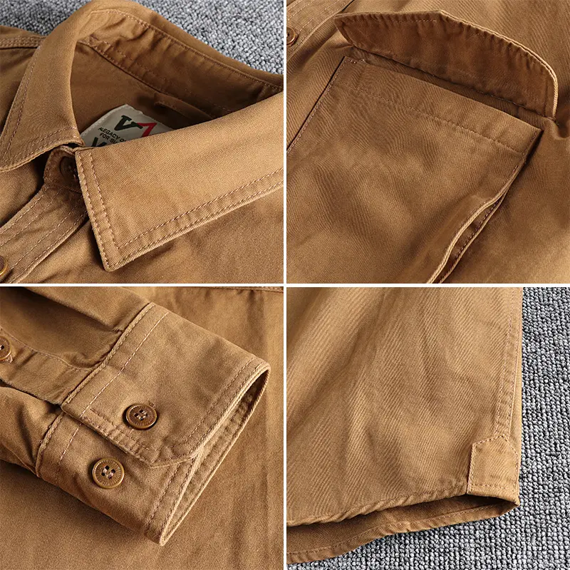 Spring New Japanese Retro Long-Sleeve Lapel Woven Cargo Shirt Men's Simple 100% Cotton Washed Double Pocket Casual Youth Blouses