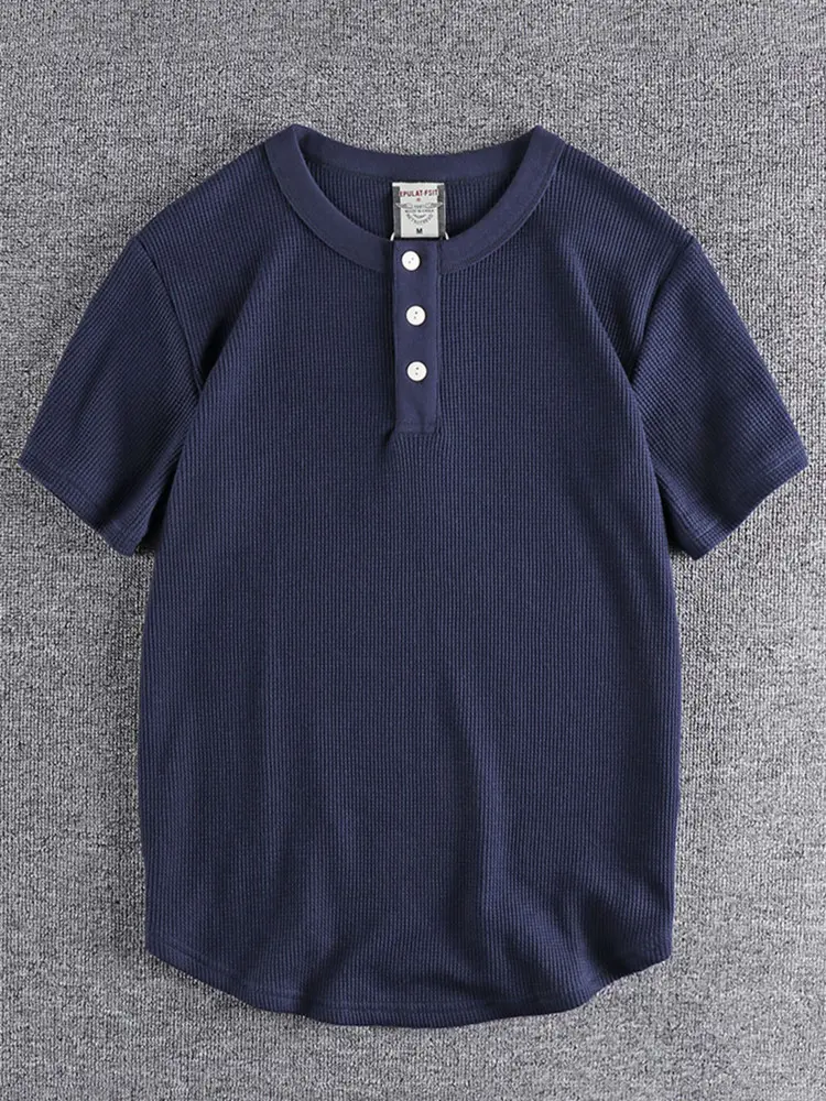 Summer New American Retro Waffle Henry Collar T-shirt Men's Fashion Simple Pure Cotton Washed Old Short Sleeve Casual Loose Tops