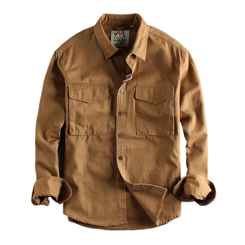 Spring New Japanese Retro Long-Sleeve Lapel Woven Cargo Shirt Men's Simple 100% Cotton Washed Double Pocket Casual Youth Blouses