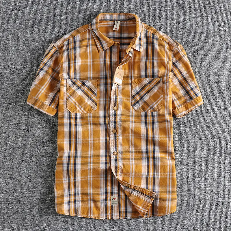 Summer New American Retro Short Sleeve Lapel Classic Plaid Shirt Men's Fashion 100% Cotton Washed Double Pocket Casual Blouses