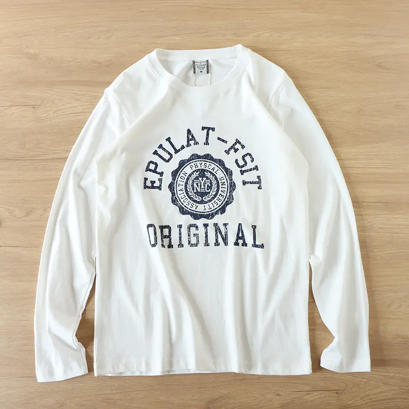Spring New American Retro Long Sleeve O-neck Letter Printed T-shirt Men's Fashion 100% Cotton Washed Loose Casual Youth Tops