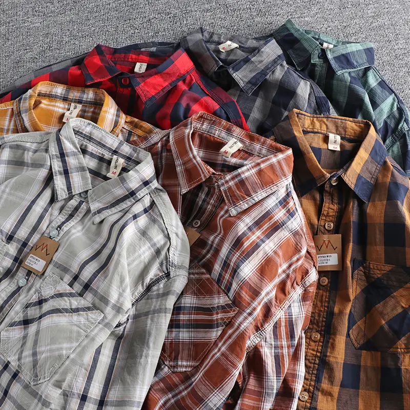 Summer New American Retro Short Sleeve Lapel Classic Plaid Shirt Men's Fashion 100% Cotton Washed Double Pocket Casual Blouses