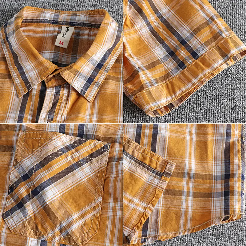 Summer New American Retro Short Sleeve Lapel Classic Plaid Shirt Men's Fashion 100% Cotton Washed Double Pocket Casual Blouses