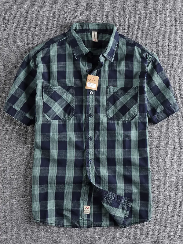 Summer New American Retro Short Sleeve Lapel Classic Plaid Shirt Men's Fashion 100% Cotton Washed Double Pocket Casual Blouses