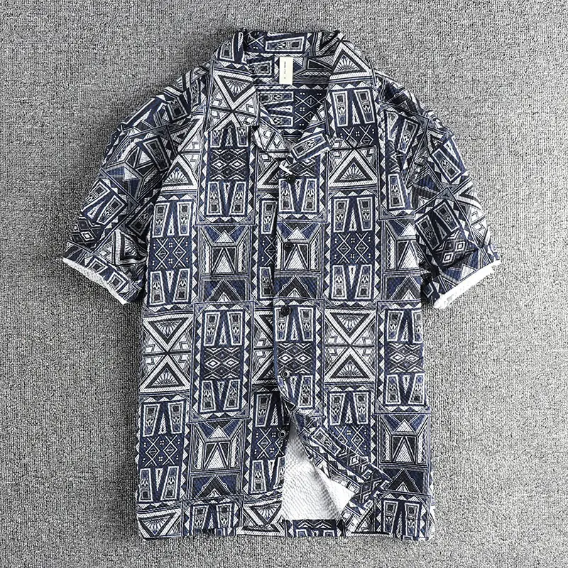 Summer New American Retro Short Sleeve Cuban Collar Hawaiian Printed Shirt Men's Ethnic Style Seaside Beach Loose Casual Blouses