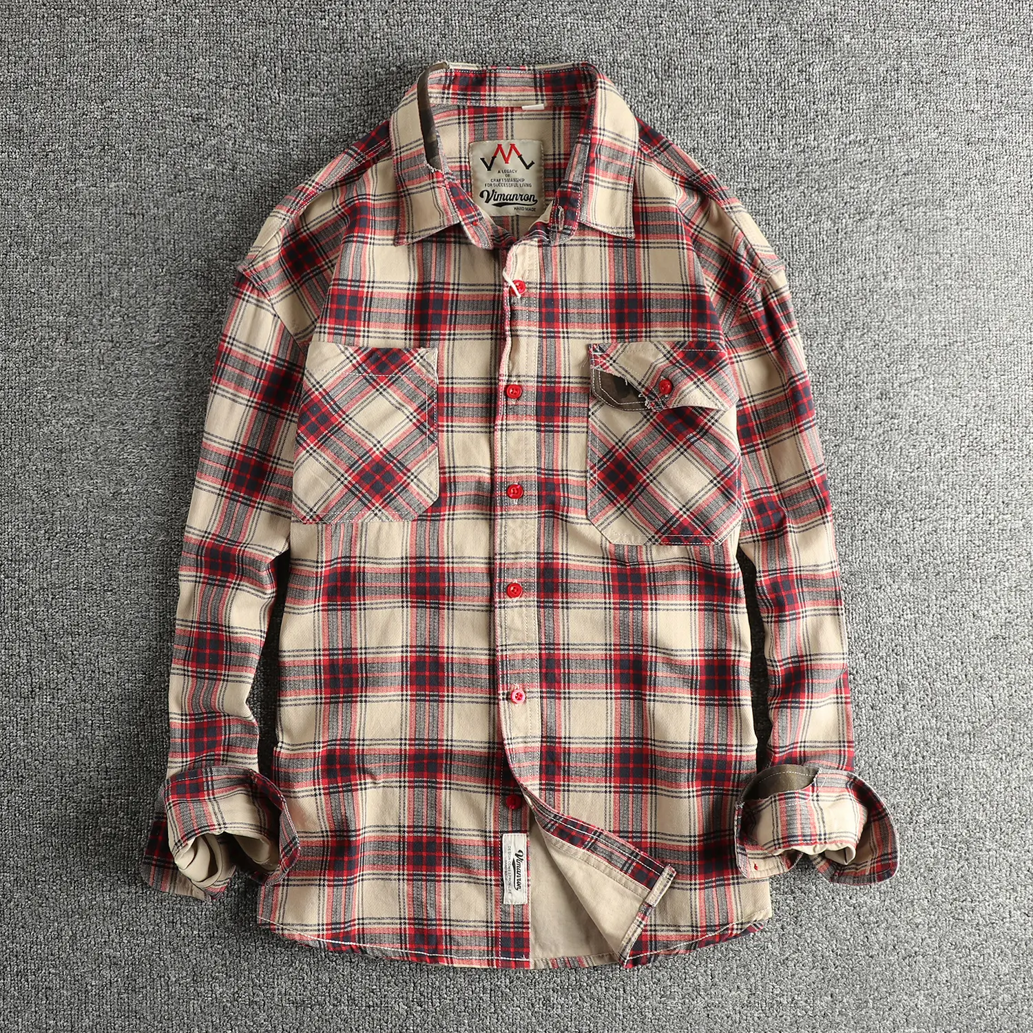 2025 Autumn New Japanese Retro Long-Sleeve Lapel Plaid Cargo Shirt Men's Simple 100% Cotton Washed Double Pocket Casual Blouses