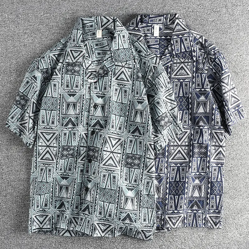 Summer New American Retro Short Sleeve Cuban Collar Hawaiian Printed Shirt Men's Ethnic Style Seaside Beach Loose Casual Blouses