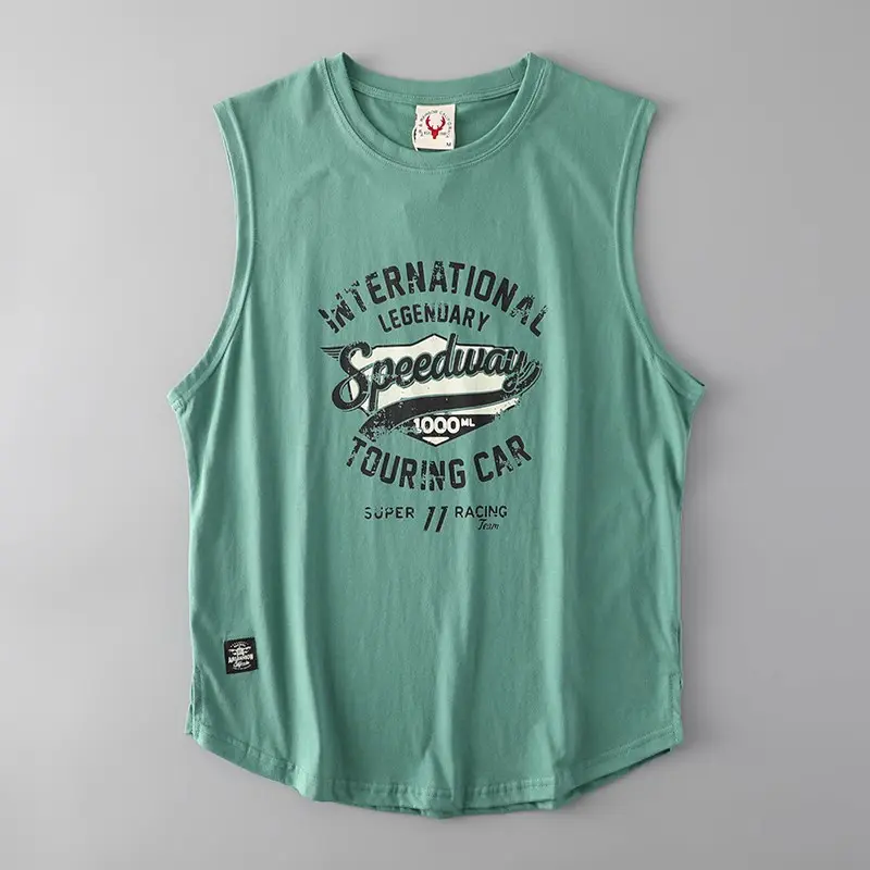2025 Summer New American Retro Sleeveless O-neck Letter Printed T-shirt Men's Fashion 100% Cotton Basketball Sports Casual Vest