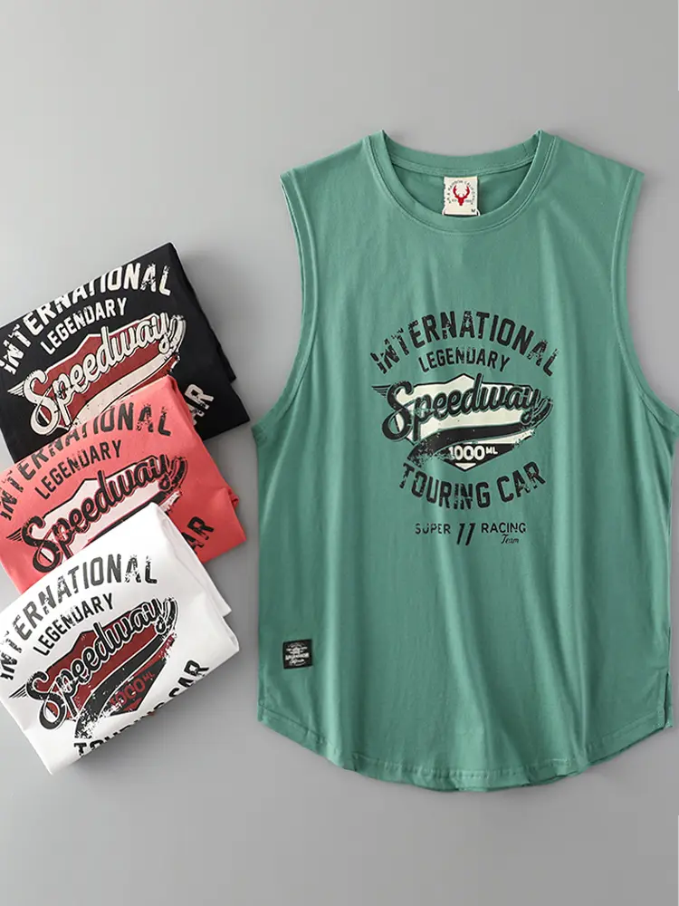 2025 Summer New American Retro Sleeveless O-neck Letter Printed T-shirt Men's Fashion 100% Cotton Basketball Sports Casual Vest