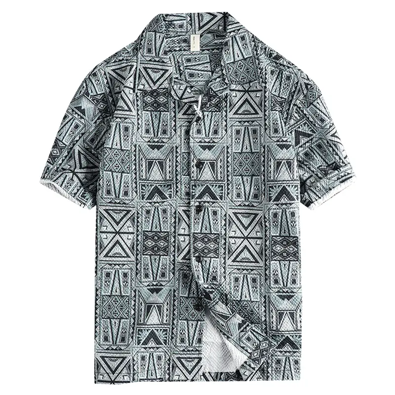 Summer New American Retro Short Sleeve Cuban Collar Hawaiian Printed Shirt Men's Ethnic Style Seaside Beach Loose Casual Blouses