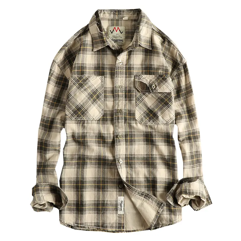 2025 Autumn New Japanese Retro Long-Sleeve Lapel Plaid Cargo Shirt Men's Simple 100% Cotton Washed Double Pocket Casual Blouses